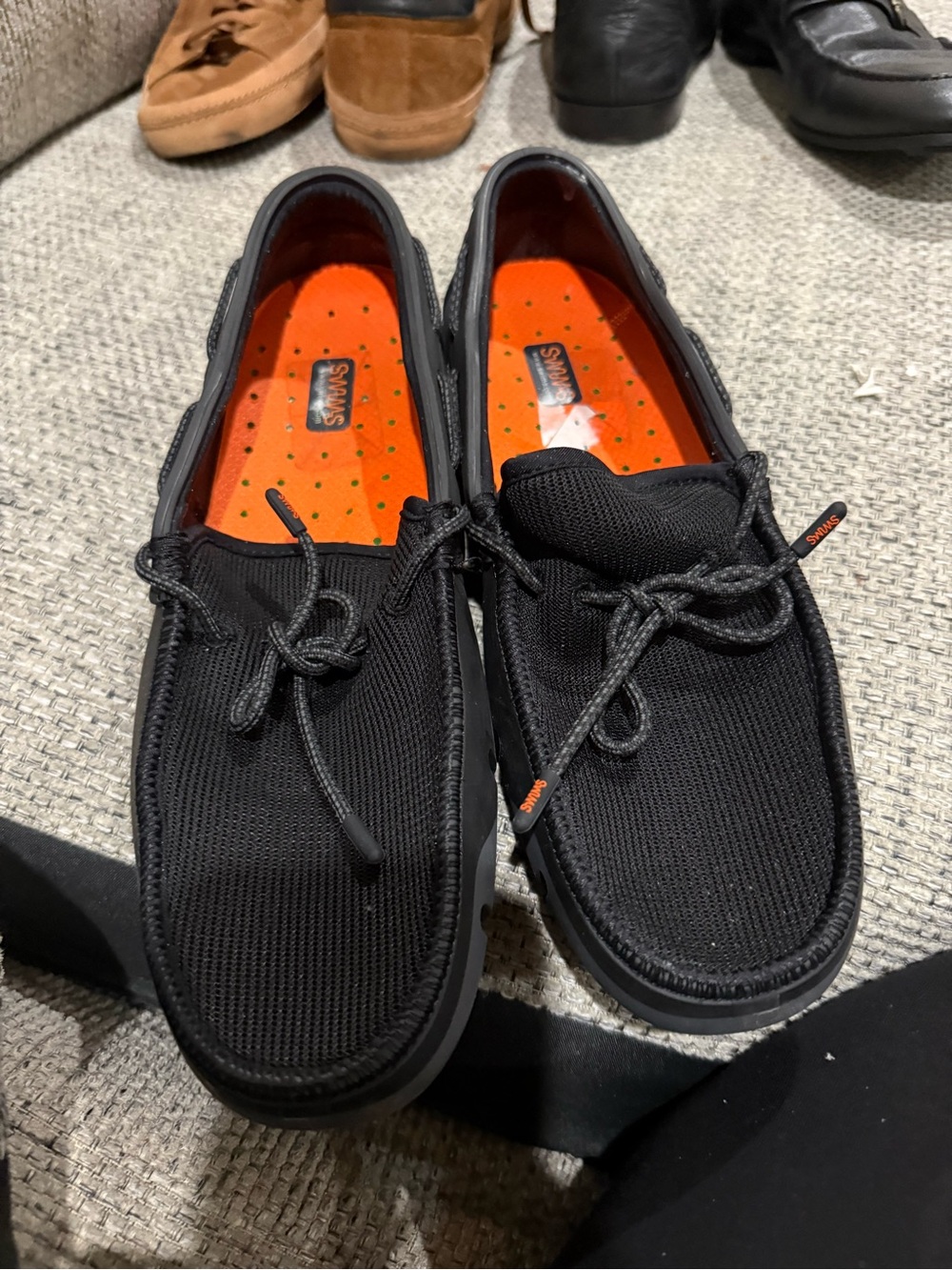 SWIMS Men's Black Casual Mesh Boat Shoes - Orange Insole